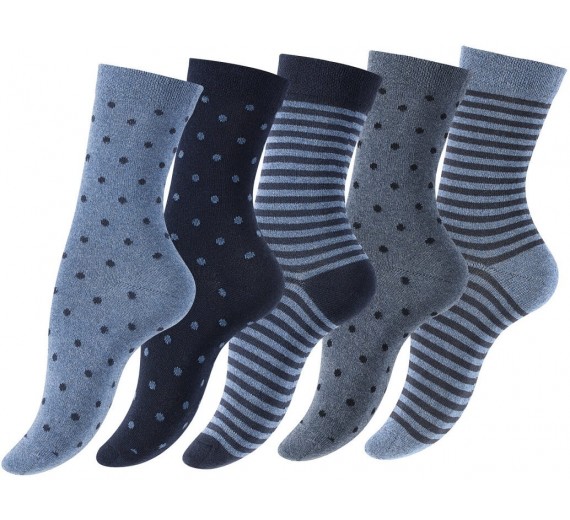 5-Pak Damestrømper "Dot Stripe" Blå - Str. 35-38