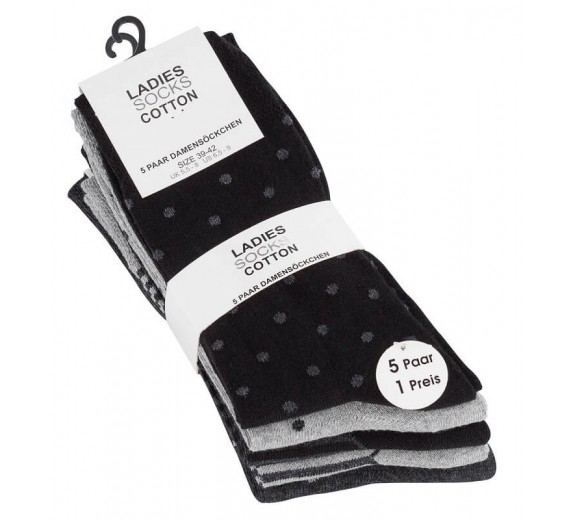 5-Pak Damestrømper "Dot Stripe" Sort og Grå - Str. 39-42