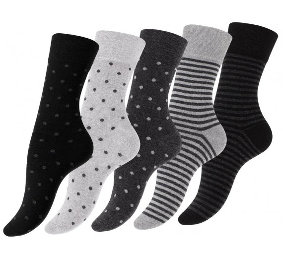 5-Pak Damestrømper "Dot Stripe" Sort og Grå - Str. 39-42