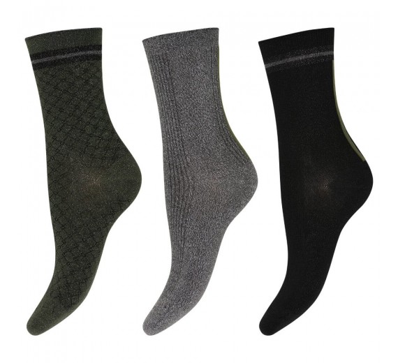 DECOY Glitter Socks in a box 3-pak - Oliven grøm str. 37-41