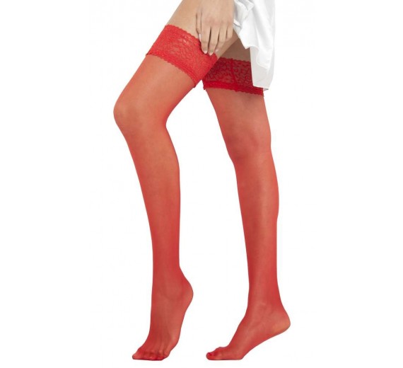 Selvsiddende Strømper Med Blondekant 15 denier, Rød - Str. L/XL