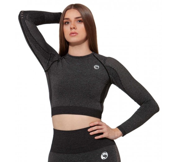 Sports crop top med lange ærmer, sort, str. small