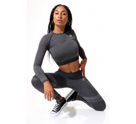 Sports crop top med lange ærmer, sort, str. medium