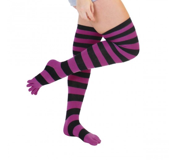 Stribede Over-knee tåsokker, ToeToe Essential Sort/Fuchsia, Str. 35-46