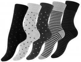 5-Pak Damestrømper "Dot Stripe" Sort og Grå - Str. 39-42