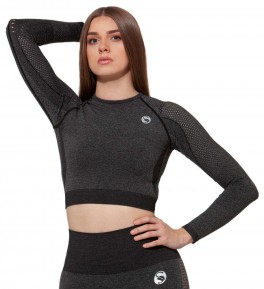 Sports crop top med lange ærmer, sort