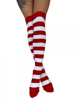 Lange knæstrømper med røde og hvide striber, str. 39-42
